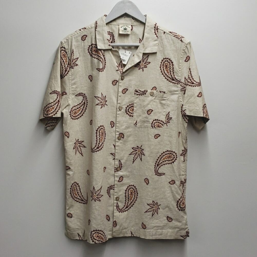 Cotton On HEMP Button-Up Shirt Paisley Hemp Leaves Men’s Small Coastal Casual